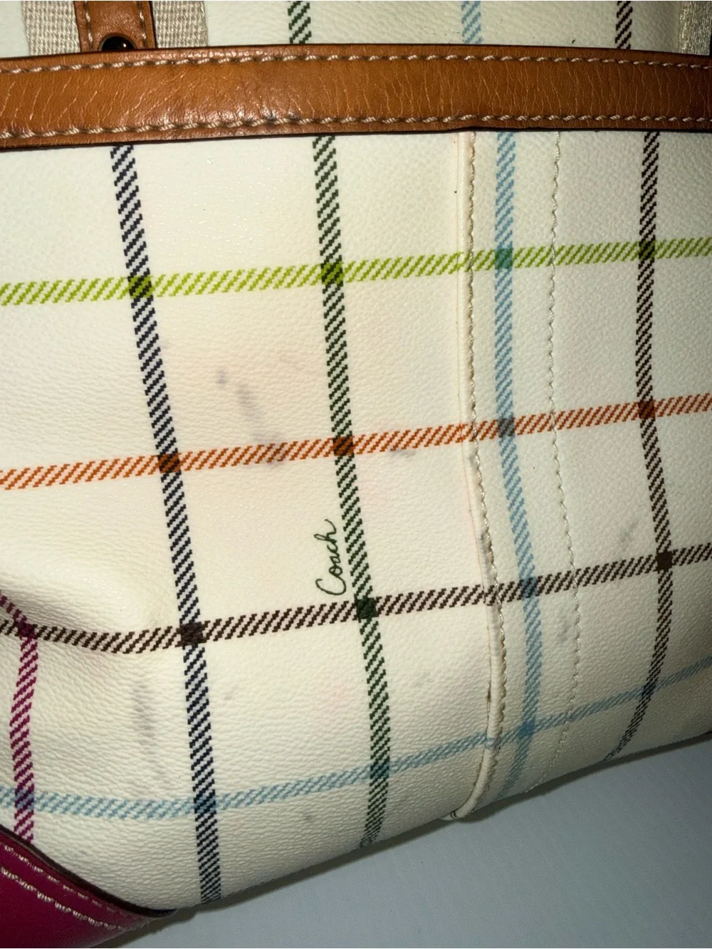 Coach White Plaid Canvas Tote with Pink Center Stripe